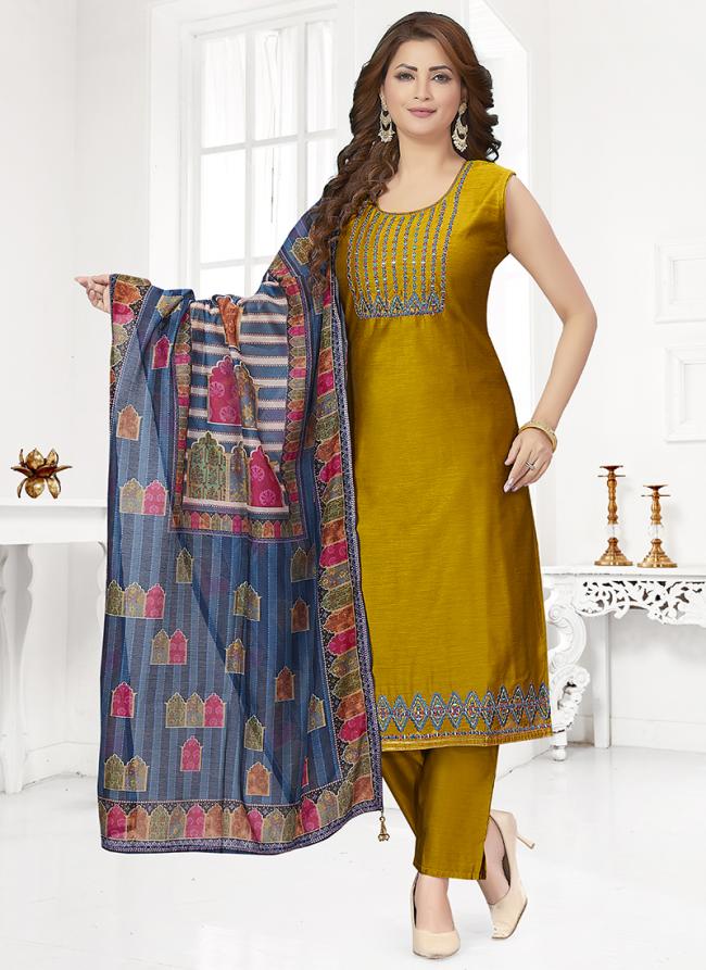 Mustard Chanderi Silk Festival Wear Resham Work Readymade Salwar Suit